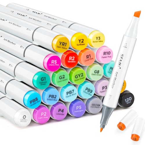 SFAIH Dual Tip Alcohol Markers, 25 Colors, Chisel & Fine Art Coloring Set | Colorless Blender & No-Bleed Sheet, Gift for Beginner, Non-Toxic, Adult Coloring Books Illustration Scrapbook Poster Drawing - color: 25 Colors