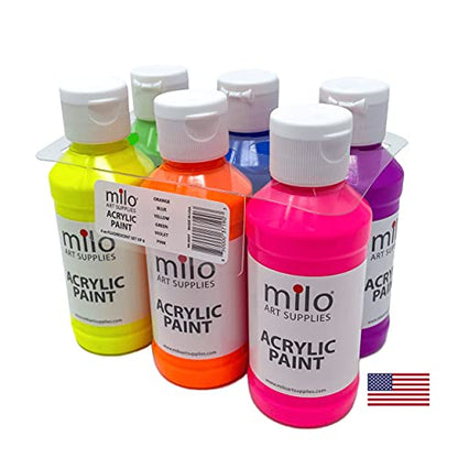 milo Fluorescent Acrylic Paint Set of 6 Colors | 4 oz Bottles | Student Neon Colors Acrylics Painting Pack | Made in the USA | Non-Toxic Art & Craft Paints for Artists, Kids, & Hobby Painters | Glows in Black Light, AP Certified Non-Toxic, Made in USA, Ar