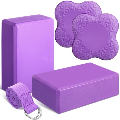 RoundFunny 5 Pcs Yoga Blocks Knee Pads Yoga Strap Set Soft Premium Foam Blocks Accessories for Pilates Meditation General Fitness Stability, Kneeling, Balance, Deepen Stretches and Toning - color: Purple