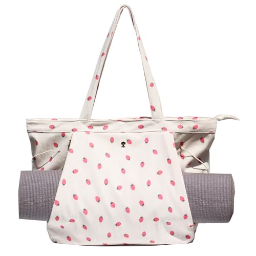 ESVAN Corduroy Yoga Tote Bag Gifts for Women Drawstring Yoga Mat Bag for Office Workout Travel Carryall Pilates Gym - color: Pink Strawberry
