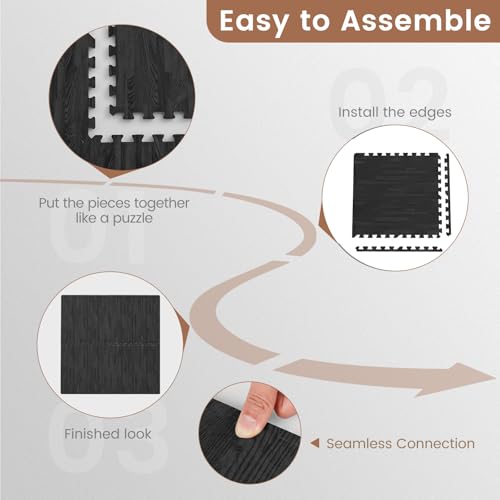 Tangkula 25 Tiles Foam Flooring Mats with Border, 100 SQ FT EVA Interlocking Exercise Foam Mats for Exercise Equipment, Elastic Puzzle Play Mats, 3/8” Non-Slip Workout Floor Mats for Home Gym (Black) - size: 100 sq.ft, Black
