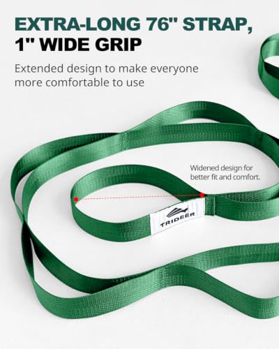 Trideer Non-Elastic Stretching Strap with Loops for Physical Therapy & Rehab, Knee Hip Leg ROM Post-Surgery, Yoga Strap for Stretching, Leg Lifter Strap Mobility Aid, Hamstring Calf Back - color: Hunter Green/75"x1"
