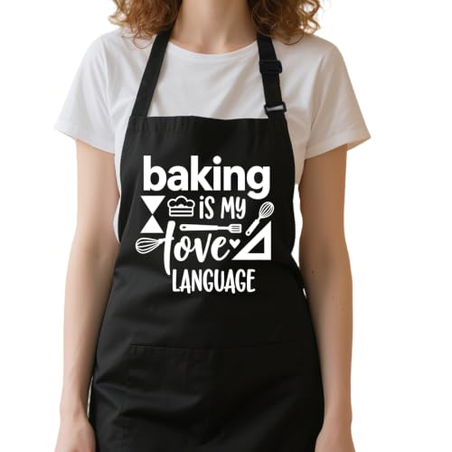 Funny Apron for Women with 2 Pockets, Adjustable Kitchen Apron for Cooking Baking Gifts for Mom Wife Birthday - color: Black-baking is My Love Language