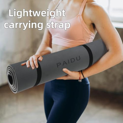 PAIDU POE Yoga Mat （10mm）Extra Thick Fitness Mat 72"x24" with Carry Strap | Non-slip, tear-resistant and suitable for all ages, perfect for yoga, Pilates, home gym and full-body workouts. - color: Grey+Black.
