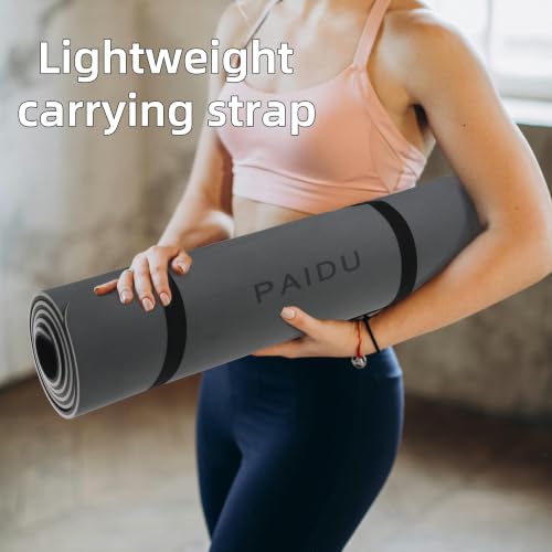 PAIDU POE Yoga Mat （10mm）Extra Thick Fitness Mat 72"x24" with Carry Strap | Non-slip, tear-resistant and suitable for all ages, perfect for yoga, Pilates, home gym and full-body workouts. - color: Grey+Black.