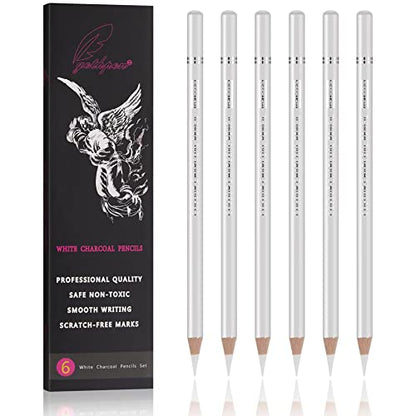 GETHPEN White Charcoal Pencils Set, Sketch High-light Pencils, 6 Pieces | White Charcoal Sketch Pencils, White Chalk Pencils for Drawing, Sketching, Shading, Blending, Beginners & Artists - color: White, size: 6 Count (Pack of 1)