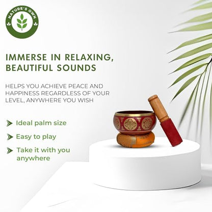 Nature's Own Tibetan Singing Bowl Set- Easy to Play- Meditation Sound Bowl Handcrafted in Nepal for Yoga, Mindfulness, Chakra Healing, Stress Relief- Spiritual Gifts for Women and Men (3.5 Inch, Red) - color: Red