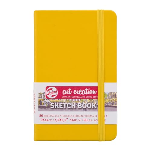 Talens Art Creation Sketchbook, Golden Yellow, 80 Sheets, 3.5 x 5.5 in | Hard-Bound Pocket Notebook, 140 GSM/94 lbs Paper, Acid-Free Cream Blank Paper, Ribbon Bookmark, and Elastic Closure - color: goldenyellow, size: 9×14cm