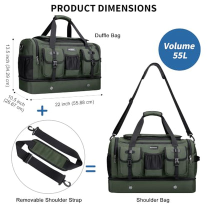 WITZMAN Duffle Bag for Men 55L Nylon Travel Weekender with Shoe Compartment - color: Classic Green