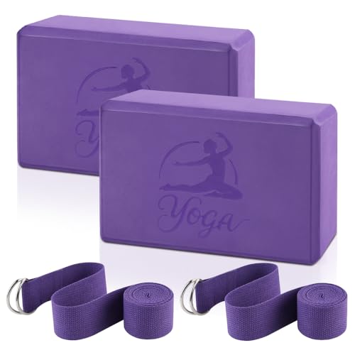 2 Yoga Block and 2 Yoga Strap Set,Non-slip EVA Foam Blocks, High Density Yoga Bricks with 6ft Strap, Supportive Latex-Free Yoga Block Accessories for Pilates - color: Purple B