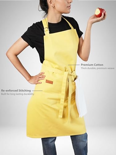 100% Cotton Kitchen Apron with 2 Pockets – Adjustable Chef Apron for Cooking Baking BBQ – Unisex Apron - color: Lemon