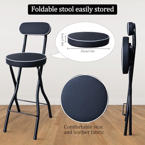 UWEAR 1 PCS Folding Bar Stool with Back, Tall Foldable Stool Seat Padded Portable Stools Counter Height Foldable Stools Chairs Collapsible Stool for Adults Kitchen Island (Black) - color: Black