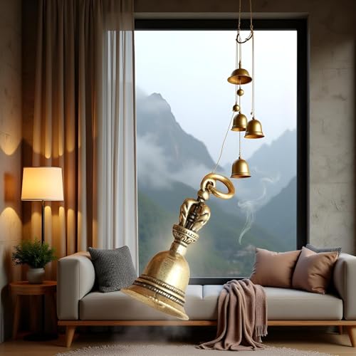 Retro Copper Bell Wind Chimes,Demon Subduing Bell Creative Solid Brass Bell Handicraft Tibetan Bronze for Decoration Car Pendant Small Circle Hand Bells and Chimes (4.7cm*2.5cm