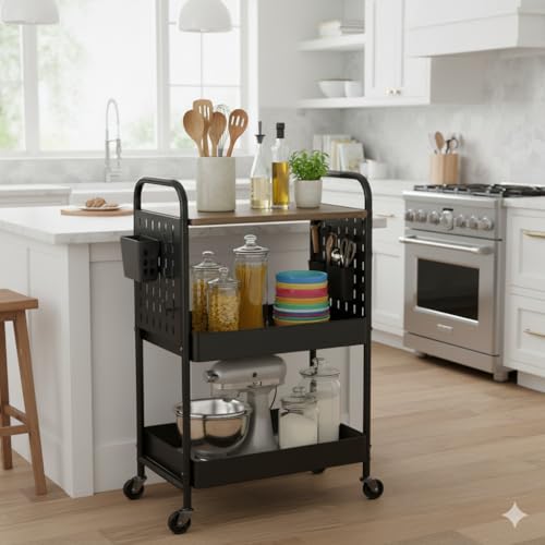 3 Tier Rolling Cart, Metal Storage Cart with Wooden Tabletop, Storage Cart with DIY Pegboards & Locked Wheels, Hooks & Hanging Cups for Any Room, Black - color: Black