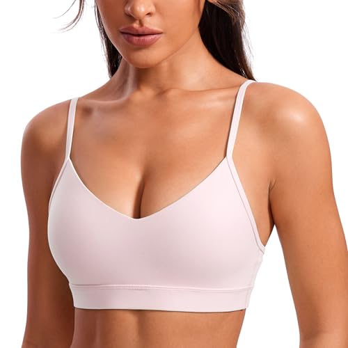 CRZ YOGA Butterluxe V Neck Sports Bras | Light Support, Removable Pads, Yoga, Extremely Soft, Square Back, Adjustable Spaghetti Straps, for Women - color: Strawberry Pink, size: XX-Small