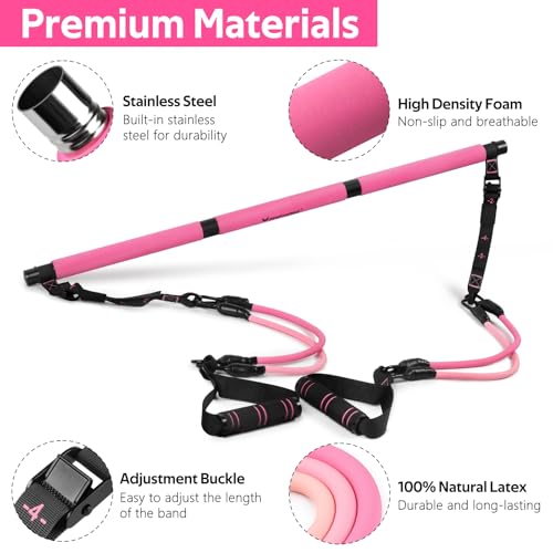 Pilates Bar Kit with 6 Latex Resistance Bands, Adjustable Exercise Bar - color: Pink