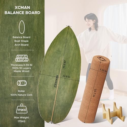 XCMAN Surf 밸런스 보드 트레이너 롤러 나무 운동 균형 안정성 트레이너 - 성인 아동용 미끄럼 방지 표면 | 서핑, 스노우보드, 스케이트보드, 하키, 요가 훈련을 위한 밸런스 보드 - color: 보트 보운