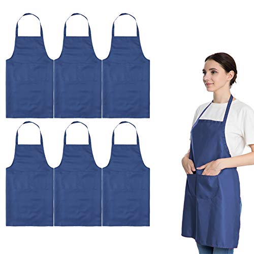 Total 6PCS Blue Bib Apron Adult with 2 Pockets for Women Men Chef Cooking Kitchen (6, Deep Blue) - color: Dark Blue