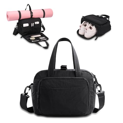 mini gym bag for women, travel duffel bag with wet pockets and Shoe Compartment,Lightweight carry on weekender duffel, water resistant,for sports,yoga,dance,black - color: black