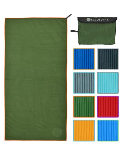 ECCOSOPHY Microfiber Beach Towel, Quick Dry Gym Towel, Sand Free, 71x35 | Ribbed texture, super absorbent, lightweight, quick dry, hanging loop, pouch, travel pool yoga fitness, Fern - color: Fern, size: Large (71"x35")