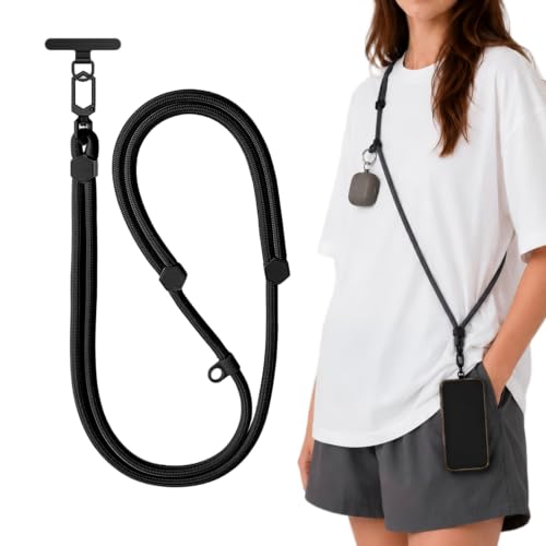 Adjustable Crossbody Phone Lanyard, Braided Cord with Tether Tab | Braided cord, Tether tab, Secure clasp, Accessory clip for hands-free crossbody use - color: Black