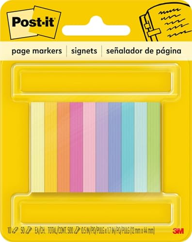 Post-it Page Markers, Assorted Bright Colors, 1/2 in x 2 in, 50 Markers/Pad, 10 Pads/Pack (670-10AB) - size: 500 Sheets (Pack of 1)