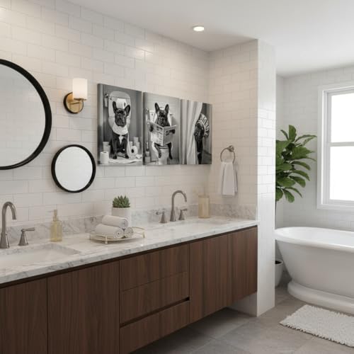 3Pcs Framed Black White French Bulldog Bathroom Wall Art Abstract Dog Toilet Paper Poster Prints Artwork Funny Animal Pictures Wall Decor for Washroom Home Decoration 12x16in - color: Dog, size: 16"L x 12"W Canvas