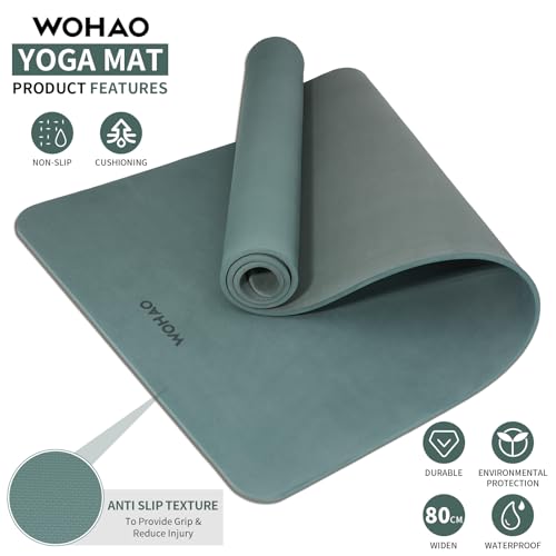 8mm Extra Wide 80cm Yoga Mat Non Slip | Spacious 80cm x 72" mat for tall users, gym, pilates. POE, reversible dual-color, non-slip, tear-proof, odorless, strap. - color: Dark green+Dark gray
