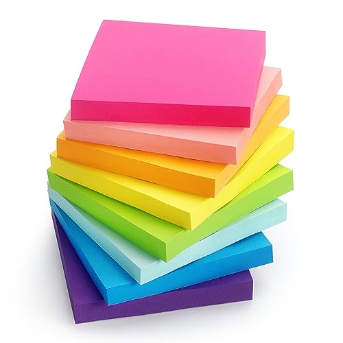 Sticky Notes 3x3 in, Bright Colors Self-Stick Pads, 8 Pads, 85 Sheets/Pad | Total 680 Sheets - color: 8 Pads 3x3 in Bright Colors Sticky Notes