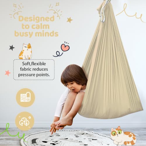 Aokitec Sensory Swing for Kids & Adult, Indoor Outdoor Cuddle Hammock Chair | Therapy swing, Special Needs, Autism, ADHD, Adjustable, Soft Nylon 300LB Capacity, 360 Swivel Hanger, All Hardware Included - color: Beige