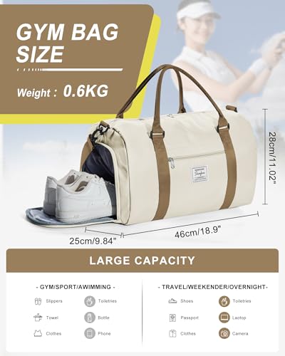 Gym Bag Womens Mens with Shoes Compartment and Wet Pocket Travel Duffel Bag for Women for Plane Sport Gym Tote Bags Swimming Yoga Small Waterproof Weekend Overnight Carry on Bag Hospital Holdalls - color: A16-Beige & Brown