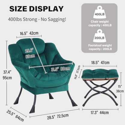 Tiita Lazy Chair with Ottoman, Comfy Reading Accent Chair, Velvet Green - color: Green