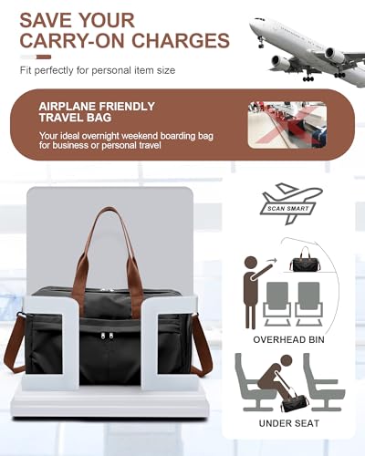 Gym Bag for Women Men with Shoe Compartment, Sport Duffel Bag, Waterproof Travel Weekender Overnight Carry on Bag for Yoga with Trolley Sleeve, Black Brown | Waterproof Weekender Overnight Carry on Duffle Bag with Trolley Sleeve for Traveling, Yoga, Gym,