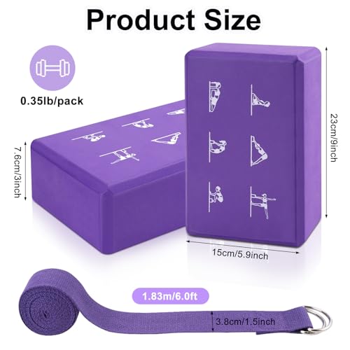 2 Yoga Block and 2 Yoga Strap Set,Non-slip EVA Foam Blocks, High Density Yoga Bricks with 6ft Strap, Supportive Latex-Free Yoga Block Accessories for Pilates - color: Purple