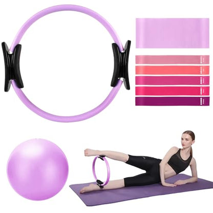 TOPZGLEEY Pilates Ring Set – 14" Anti-Deformation Magic Circle with Padded Handles, Mini Ball, 5 Resistance Bands, Guide, Pilates Equipment for Home Workout - color: PURPLE