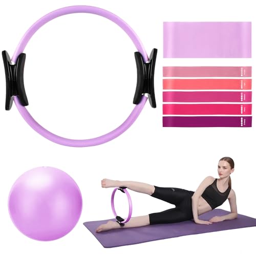 TOPZGLEEY Pilates Ring Set – 14" Anti-Deformation Magic Circle with Padded Handles, Mini Ball, 5 Resistance Bands, Guide, Pilates Equipment for Home Workout - color: PURPLE