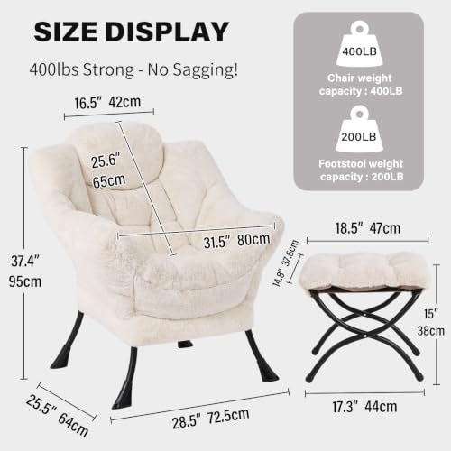 Tiita Lazy Chair with Ottoman, Comfy Reading Accent Chair, Plush Beige | Foldable Footrest, Padded Seat and Backrest, Side Pocket for Lounging in Living Rooms, Bedrooms, Dorms and Small Spaces - color: Plush-beige
