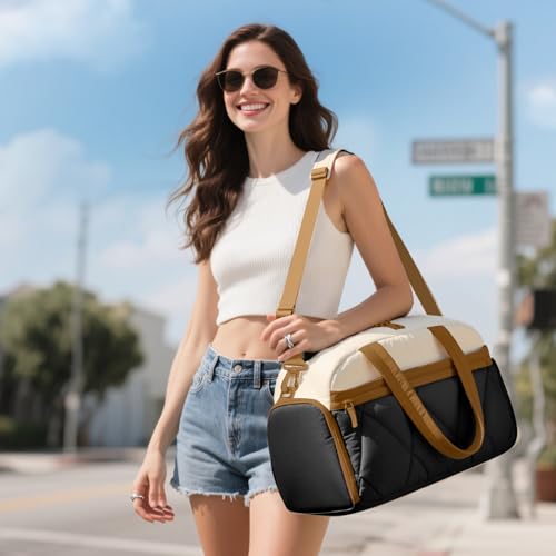 Women's Duffle Gym Bag, Carry-On Shoe Compartment for Weekender Overnight - color: Beige & Brown, size: Medium