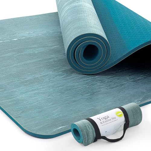 UMINEUX Extra Thick Yoga Mat, 2/5 Inch (10MM), Natural Rubber and TPE Non Slip Yoga Mats with Strap for Women Men, Eco Friendly Exercise Mat for Yoga, Pilates and Home Workout - color: Pagoda Blue, size: 72" x 24" x 2/5"
