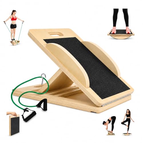 3-in-1 Portable Wooden Slant Board for Calf Stretching - Calf Stretcher & Incline Board Convertible to Balance Board + Resistance Band - 5 Angles, Anti-Slip Squat Wedge for Squats, Plantar Fasciitis, Achilles & Physical Therapy