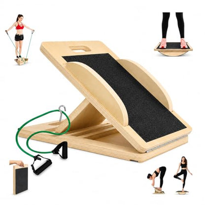 3-in-1 Portable Wooden Slant Board for Calf Stretching - Calf Stretcher & Incline Board Convertible to Balance Board + Resistance Band - 5 Angles, Anti-Slip Squat Wedge for Squats, Plantar Fasciitis, Achilles & Physical Therapy