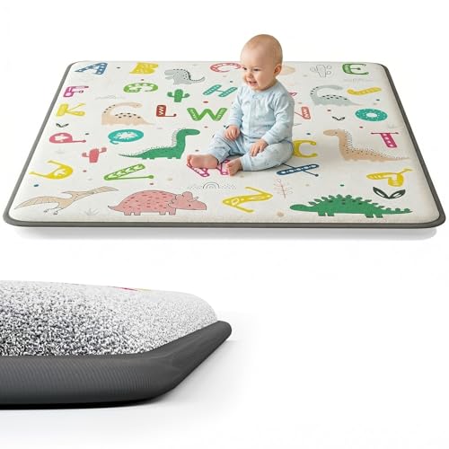 1.3" Thick Baby Play Mat for Floor, Elasti-Foam 50x50 Playpen Mat, Water Repellent Ultra Soft Coral Velvet Tummy Time Crawling Mats for Kid Toddlers Infants, Non-Slip Backing Safe Alphabet Zoo - color: Alphabet Zoo, size: 50" x 50"