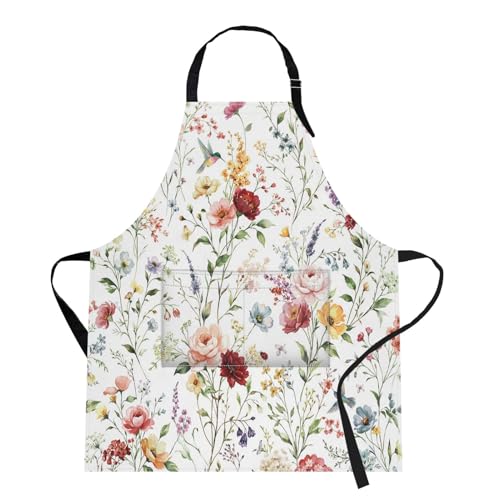 Apron with Pockets, 32x28 inch, for Women Men, Wildflower Colorful | Floral Hydrangea Butterfly Boho Waterproof Adjustable Bib Aprons for Kitchen Cooking Baking Painting Gardening - color: Wildflower Butterfly