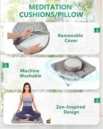 Hihealer Meditation Cushion, Traditional Tibetan Velvet Meditation Pillow | Buckwheat Yoga Bolster, Large Floor Cushion & Pillow for Adults, Zafu Zabuton Set, Zen Meditation Mat - color: Gray-c
