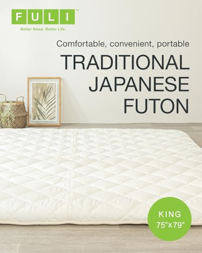 FULI Japanese Futon, King Size, White - Foldable Shikibuton Floor Bed | Medium Firm Quilted Cotton Sleeping Pad, Portable Roll-Up Japanese Floor Bed for Guests & Small Spaces, 100% cotton surface - size: King (79"L x 75"W), style: Standard