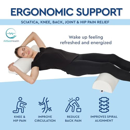 AllSett Health Half Moon Bolster Pillow for Legs, Back and Head (2 Pack) Semi Roll for Ankle and Foot Comfort with White Cotton Machine Washable Cover | Premium Memory Foam | 2 Pillow System - style: Knee Half Moon White (2 Pack)