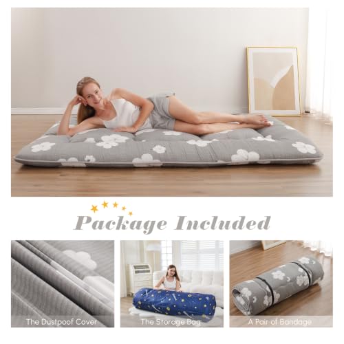 Zelladorra Japanese Floor Mattress, Futon Mattress | Roll Up Tatami Mat with Portable Storage Bag and Washable Cover, Suitable for Camping, Guest Room, Grey Cotton - color: Grey Cotton ( 4"th + Dust Cover ）, size: Full (80"L x 54"W)