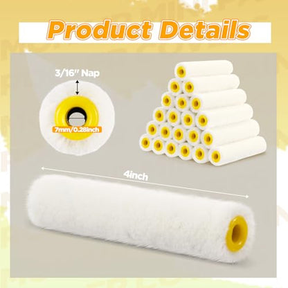 Leumoi 24 Pcs 4 Inch Mohair Paint Roller Covers 3/16" mini Shedding Resistant Small Painting Rollers Fits All Flat Surface Kitchen Cabinets, Doors, Tables, Works with All Paints and Stain (White) - color: White