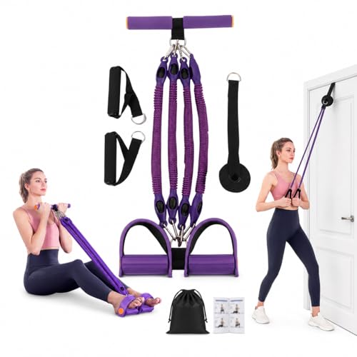 Pedal Resistance Band with Handles, 4 Detachable Tubes 25–100 lbs, Foot Pedal Exercise Band with Door Anchor, Portable Home Workout Kit for Small Spaces, Arms, Legs, Core and Stretching