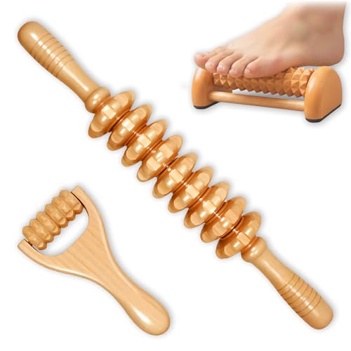 3Pcs Wood Therapy Massage Tools, Lymphatic Drainage & Maderoterapia Kit for Body Sculpting, Anti Cellulite, Wooden Muscle Roller for Deep Tissue, Back, Legs, Foot Roller for Plantar Fasciitis